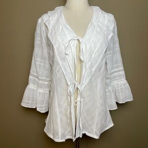 Simple Retro Edwardian Style Gauzy Cotton Coverup Tie-Front Size M